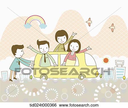 illustration of a man pushing a bus with people waving hands View Large Photo Image Stock Photograph - illustration of a man pushing a bus with people waving hands . Fotosearch