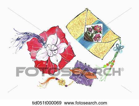 Stock Photo - illustration of a package in Korean traditional wrap and a Korean bag. Fotosearch