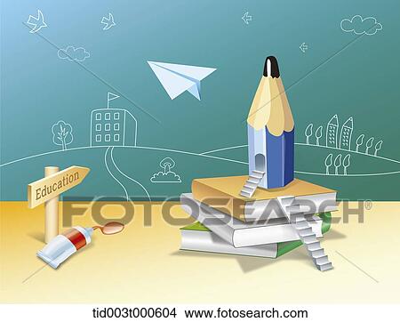 illustration of a pencil on top of a pile of books View Large Photo Image Picture - illustration of a pencil on top of a pile of books . Fotosearch