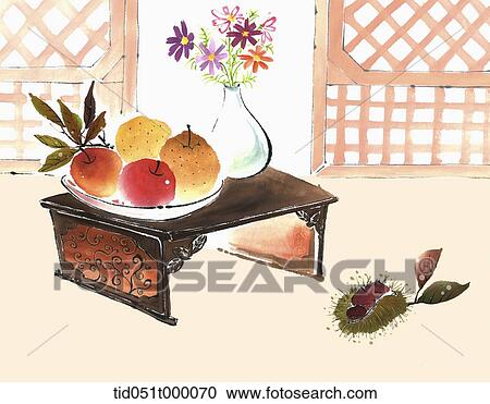 illustration of a plate of fruits and a plant on a table View Large Photo Image Stock Image - illustration of a plate of fruits and a plant on a table. Fotosearch