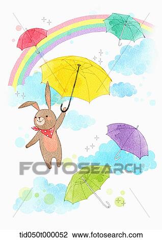 illustration of a rabbit flying in the sky with an umbrella View Large Photo Image Stock Image - illustration of a rabbit flying in the sky with an umbrella. Fotosearch
