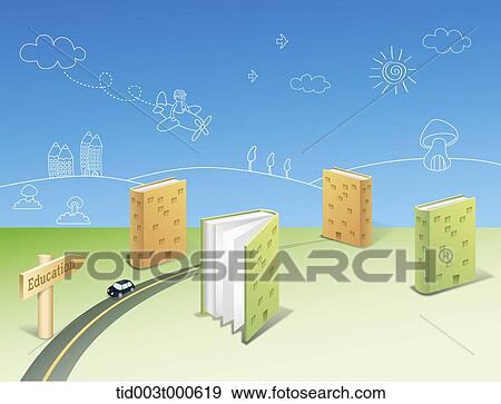 Stock Photo - illustration of a road and books in shape of buildings. Fotosearch