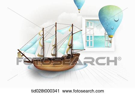 illustration of a sailboat and hot air balloons indoor View Large Photo Image Stock Image - illustration of a sailboat and hot air balloons indoor . Fotosearch