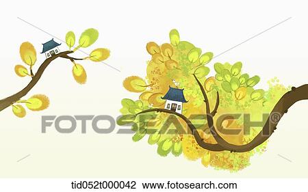 illustration of a small village in a tree branches View Large Photo Image Stock Image - illustration of a small village in a tree branches. Fotosearch