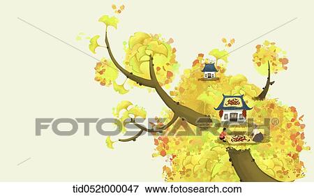 illustration of a small village in an autumn tree branches View Large Photo Image Stock Photo - illustration of a small village in an autumn tree branches. Fotosearch