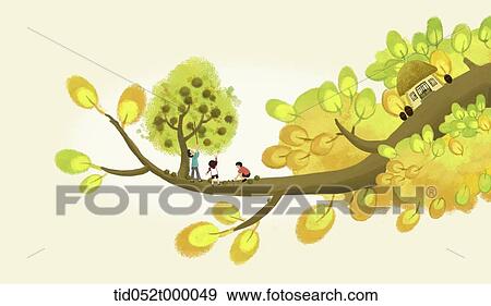 Stock Photo - illustration of a small village in an autumn tree branches. Fotosearch