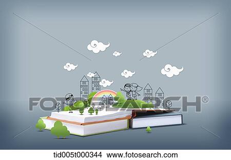 Picture - illustration of a town and a rainbow on an open book. Fotosearch