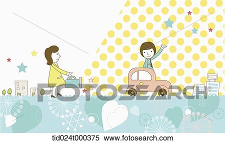 Stock Photography - illustration of a woman lighting with a torch to a woman riding a car. Fotosearch
