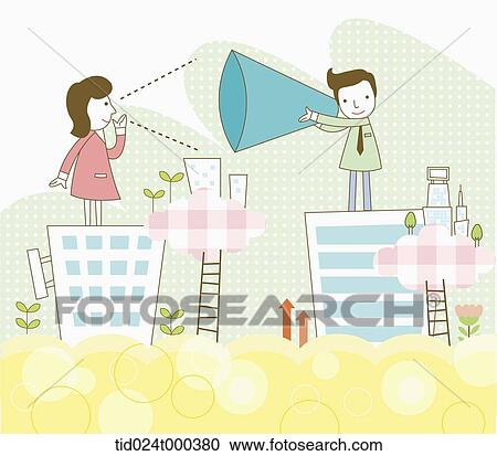 Stock Image - illustration of a woman shouting and a man hearing . Fotosearch