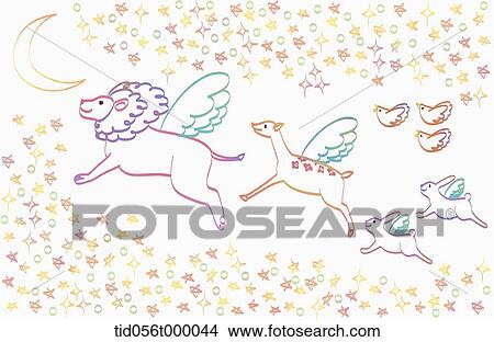 illustration of animals with wings flying in the sky View Large Photo Image Picture - illustration of animals with wings flying in the sky. Fotosearch