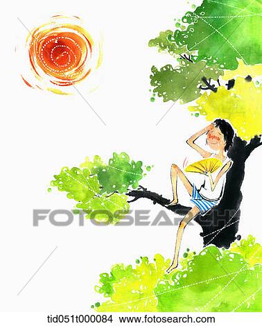 Picture - illustration of boy resting in a tree branch. Fotosearch