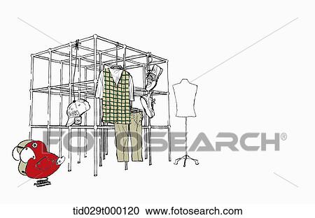 Stock Image - illustration of clothes hanging on a cube hanger stand. Fotosearch