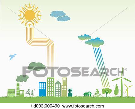 Stock Image - illustration of clouds and a sun passing on the energy to the buildings and trees . Fotosearch