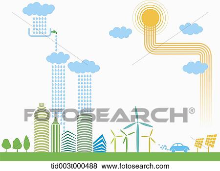 Stock Photo - illustration of clouds passing on the energy to the buildings . Fotosearch