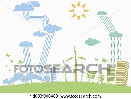 illustration of clouds passing on the energy to the buildings and trees View Large Photo Image Stock Photo - illustration of clouds passing on the energy to the buildings and trees . Fotosearch