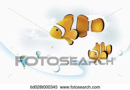 illustration of clown fishes and hot air balloons in the sky View Large Photo Image Stock Photography - illustration of clown fishes and hot air balloons in the sky. Fotosearch