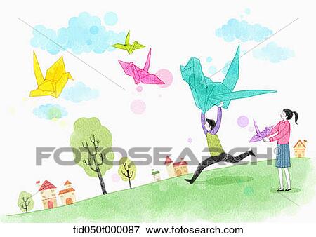 illustration of couple flying paper crane View Large Photo Image Stock Photo - illustration of couple flying paper crane. Fotosearch