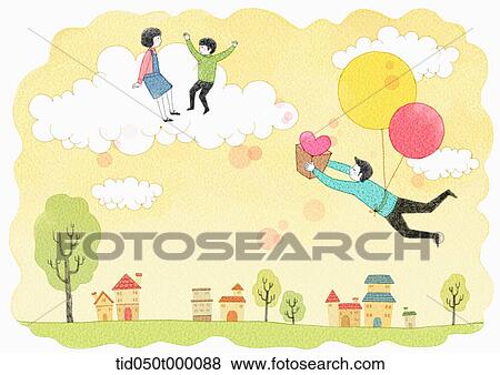 Stock Photo - illustration of dad delivering a box of heart to mom and son on a cloud . Fotosearch