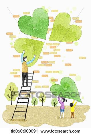 illustration of dad putting heart leaves on the wall View Large Photo Image Stock Image - illustration of dad putting heart leaves on the wall. Fotosearch