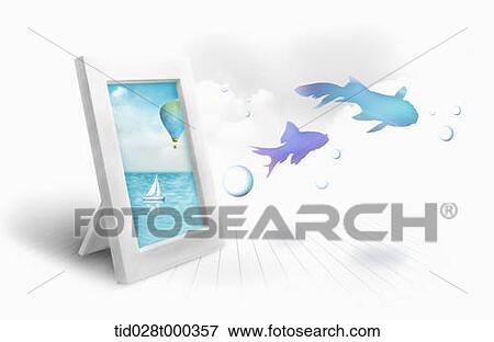 illustration of fishes swimming on the air out of a photo frame View Large Photo Image Stock Photo - illustration of fishes swimming on the air out of a photo frame. Fotosearch