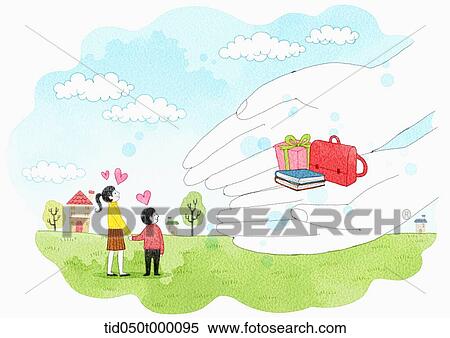 Stock Photography - illustration of hand giving presents to kids . Fotosearch