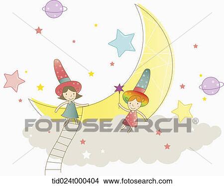 illustration of human cartoon characters on a cloud with a moon View Large Photo Image Picture - illustration of human cartoon characters on a cloud with a moon. Fotosearch