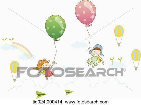 illustration of human cartoon characters flying with balloons View Large Photo Image Picture - illustration of human cartoon characters flying with balloons. Fotosearch