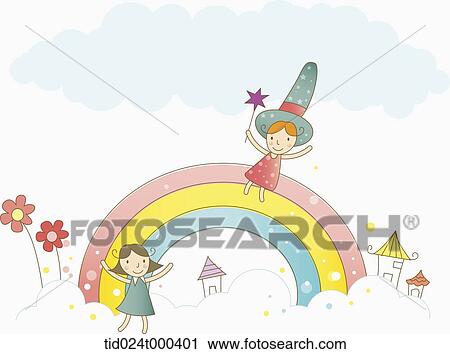 Stock Image - illustration of human cartoon characters on the rainbow. Fotosearch