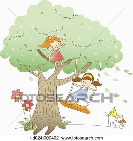 illustration of human cartoon characters playing on a tree View Large Photo Image Stock Image - illustration of human cartoon characters playing on a tree. Fotosearch