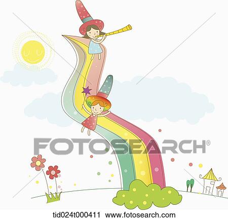 illustration of human cartoon characters sliding over a rainbow View Large Photo Image Stock Image - illustration of human cartoon characters sliding over a rainbow. Fotosearch