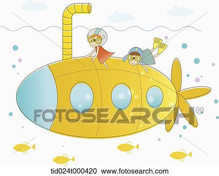 Stock Image - illustration of human cartoon characters and a submarine . Fotosearch