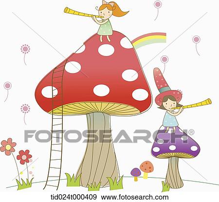 illustration of human cartoon characters on mushrooms View Large Photo Image Stock Photo - illustration of human cartoon characters on mushrooms . Fotosearch