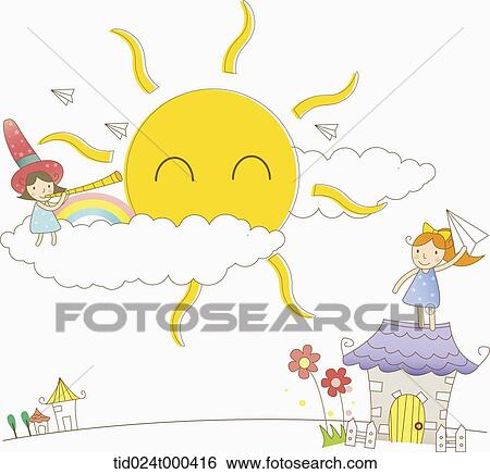 Stock Photograph - illustration of human cartoon characters and a smiling sun. Fotosearch