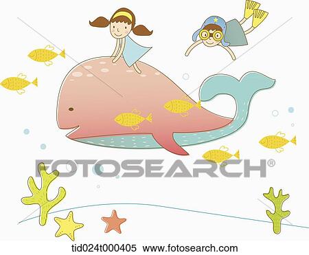 Stock Photography - illustration of human cartoon characters under the sea with a whale. Fotosearch