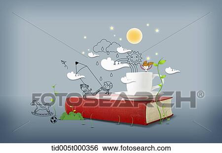 illustration of human character in a coffee cup on a book View Large Photo Image Stock Photograph - illustration of human character in a coffee cup on a book . Fotosearch
