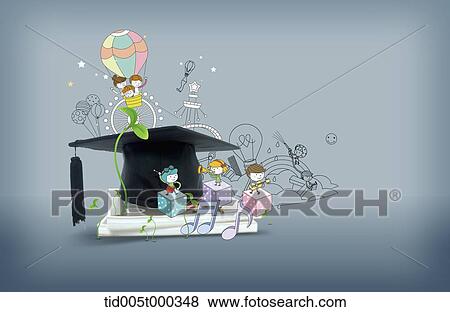 illustration of human characters and graduation hat on a pile of books View Large Photo Image Stock Photo - illustration of human characters and graduation hat on a pile of books. Fotosearch