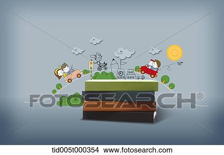 illustration of human characters riding cars on a pile of books View Large Photo Image Picture - illustration of human characters riding cars on a pile of books. Fotosearch