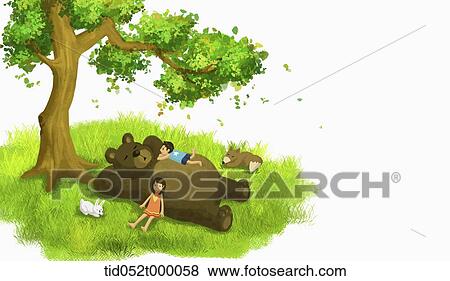 illustration of kids and a bear having a rest under a tree View Large Photo Image Stock Photo - illustration of kids and a bear having a rest under a tree. Fotosearch