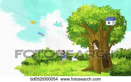 Picture - illustration of kids and a dog playing. Fotosearch