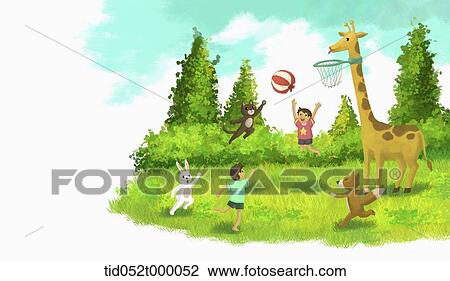 illustration of kids and animal playing basketball View Large Photo Image Stock Image - illustration of kids and animal playing basketball. Fotosearch