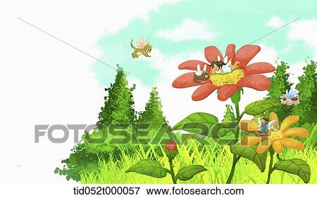 Stock Photo - illustration of kids and animals with wings playing on flowers. Fotosearch