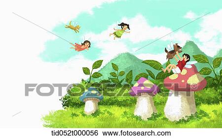 Stock Photograph - illustration of kids and dog playing in a mushroom village. Fotosearch