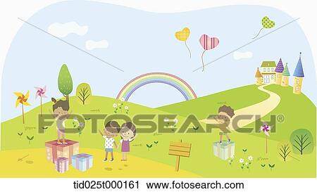 illustration of kids on a hill with heart balloons flying in the sky View Large Photo Image Stock Image - illustration of kids on a hill with heart balloons flying in the sky. Fotosearch