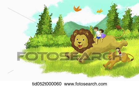 Stock Image - illustration of kids playing with lions . Fotosearch