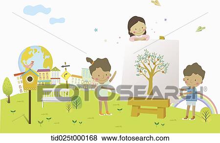 illustration of kids showing a tree paint on a hill View Large Photo Image Stock Photo - illustration of kids showing a tree paint on a hill. Fotosearch