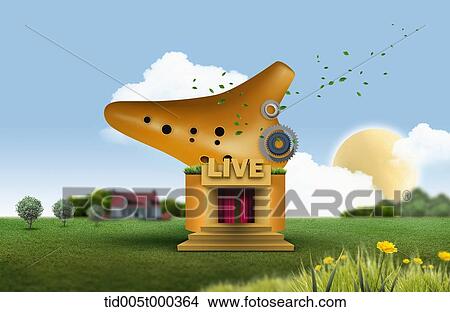 illustration of live sign on a gate of a ocarina shaped building View Large Photo Image Picture - illustration of live sign on a gate of a ocarina shaped building. Fotosearch