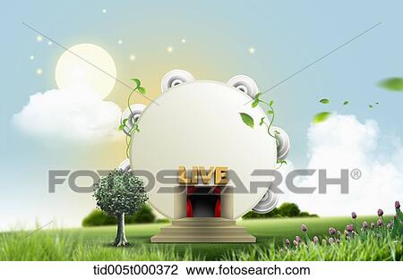 illustration of live sign on a gate of a tambourine shaped building View Large Photo Image Stock Image - illustration of live sign on a gate of a tambourine shaped building. Fotosearch