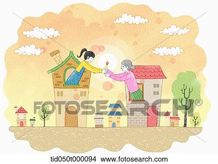 illustration of neighbours sharing candles View Large Photo Image Picture - illustration of neighbours sharing candles . Fotosearch