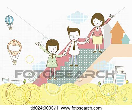 Stock Image - illustration of people standing on a stair waving hands. Fotosearch