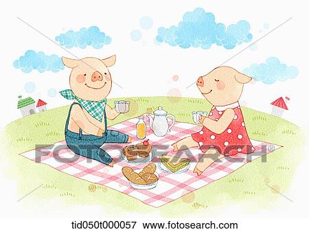 illustration of pig couple having a picnic View Large Photo Image Stock Photo - illustration of pig couple having a picnic. Fotosearch